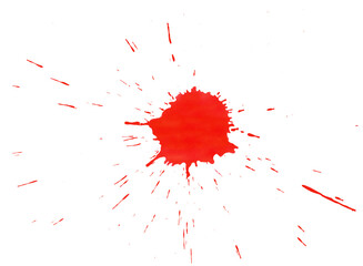 Bold splatter of red paint on a white background showcasing an artistic expression of color and movement during creative activity