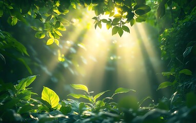 Obraz premium Bright rays of sunlight filtering through a dense forest canopy, creating a magical outdoor scene with warm light beams and lush green foliage, high detail natural atmosphere