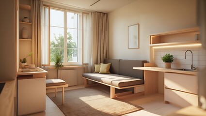 Cozy and functional interior of a small studio apartment or dorm room with Scandinavian-style wooden furniture, featuring a daybed and integrated desk