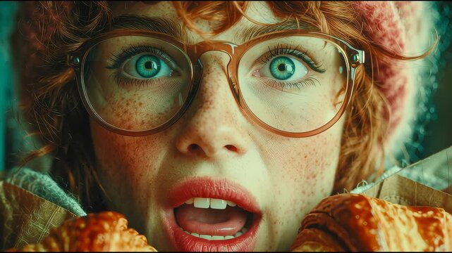 A close-up of a red-haired girl with freckles and glasses, framed by fresh croissants, exuding warmth and curiosity