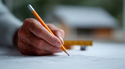 Hand holding pencil over house blueprint with measuring scale and eraser nearby