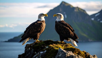 Two eagles perched on a rock overlooking a serene landscape
