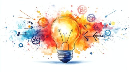 Glowing idea bulb in watercolor surrounded by innovation symbols cogs, light rays, and creative arrows clipart on isolated white background, highconcept inspiration image
