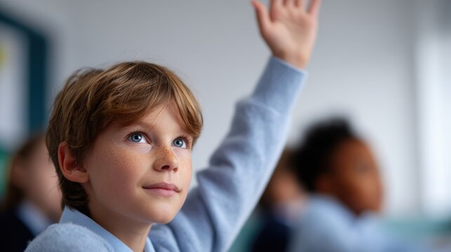 Student raising hand eagerly during interactive lesson in primary school