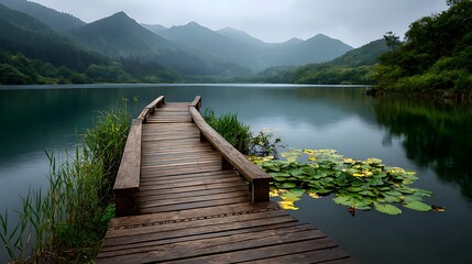Wooden pier leading to a serene mountain lake on a misty day