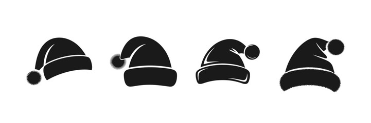 Set of red Christmas hats, Black Silhouette Vector Illustration.