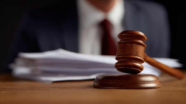 Close-up of judge isgavel and legal documents on courtroom desk