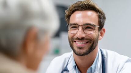 Smiling doctor consulting with an elderly patient while explaining treatment options in a clinic