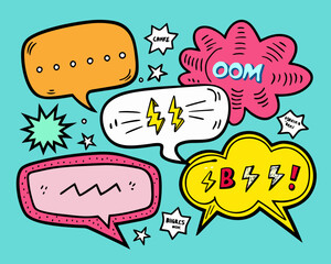 Colorful Comic Style Speech Bubbles and Stars on Blue Background