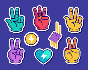 Colorful Hand Gestures and Symbols on a Dark Blue Background