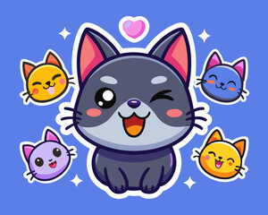 Cute Winking Cat Surrounded by Smiling Colorful Cat Heads
