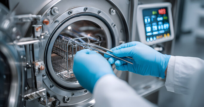 Disinfection of dental instruments in an autoclave. The process of using an autoclave to disinfect medical instruments.