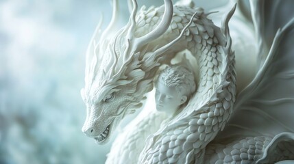 White stone dragon sculpture with intricate textures and soft cool lighting creating mystical fantasy atmosphere art