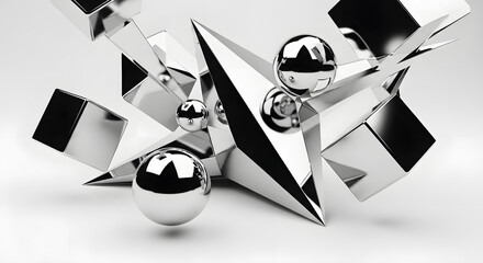 A dynamic abstract composition of reflective chrome spheres and sharp geometric shapes