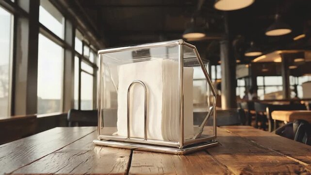Napkin holder in a restaurant.