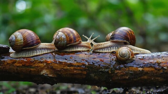 Family of snails in the forest.