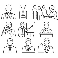 Trade Show Icons. Outline style icons of trade show attendees: business person, visitor badge, networking group, note taker,