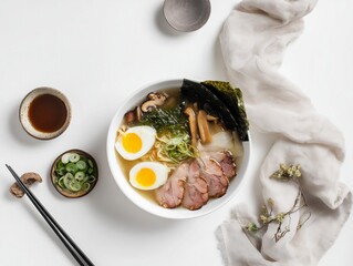 A bowl of Japanese ramen topped with a half-boiled egg, served flat lay style.