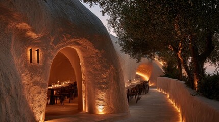White Textured Cave Restaurant at Dusk with Olive Trees