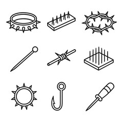 Torment Implements Icons. Outline style icons of torment implements piercing: spiked collar, nail board, thorn crown, piercing rod