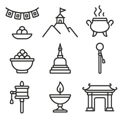 Religious Alpine Icons. Line style icons of Religious Alpine Traditions: prayer flag, mountaintop shrine, incense burner, offering