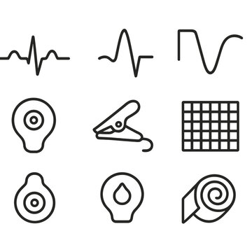 ECG Monitoring Icons. Line style icons of ECG Monitoring Components: ECG waveform trace, P-wave icon, QRS complex shape, T-wave