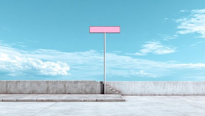 Solitary pink signpost on a weathered concrete rooftop with stairs under a partly cloudy sky