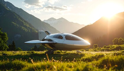 Futuristic craft in alpine meadow