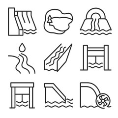 Dam and Water Icons. Outline style icons of Dam and Water Source Icons: dam wall icon, lake reservoir, upstream intake, river