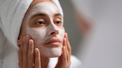 Woman applying facial mask in bathroom