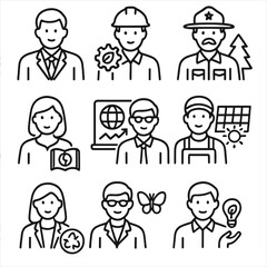 Environmental Career Icons. Outline style icons of Environmental Careers: sustainability manager, green engineer, forest ranger,