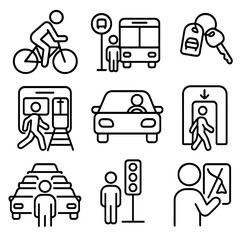Commuting Icons Outline. Outline style icons of Commuting: riding bike, bus stop, car keys, walking to train, driving car,