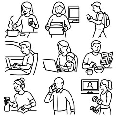 Multitasking Outline Icons. Outline style icons of Multitasking Activities: cooking with phone, folding while watching TV, texting