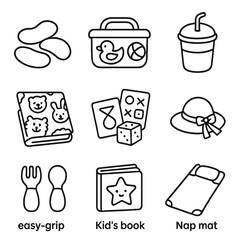 Kid-Friendly Picnic Icons. Outline style icons of Kid-Friendly Picnic: soft snacks, toy container, juice cup with lid, blanket