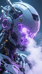 Fototapeta premium Futuristic Cybernetic Robot with Glowing Purple Accents and Steam Emission