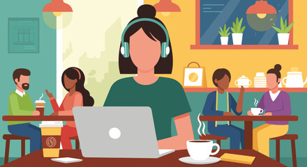 Woman working on laptop in a coffee shop, ideal for blog posts about remote work or freelance life.