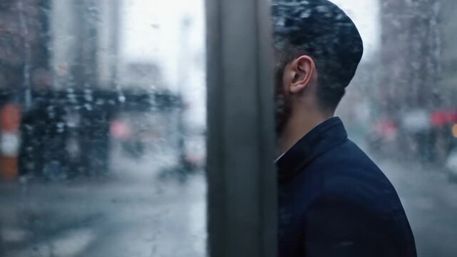 muslim men - A contemplative man in traditional attire gazes out through a rain-soaked window, reflecting on life in a bustling urban environment during a rainy day