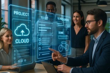 Diverse team collaborates on futuristic cloud project using interactive holographic display for modern business strategy.