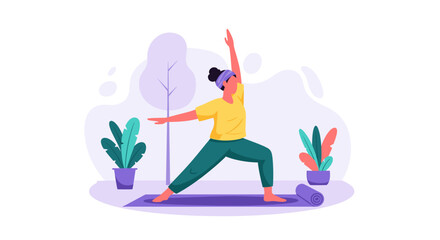Woman practicing yoga at home, perfect for wellness websites and health brochures.