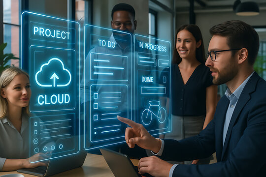 Diverse team collaborates on futuristic cloud project using interactive holographic display for modern business strategy.