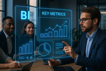 Diverse team analyzing glowing futuristic business data charts for strategic growth and success