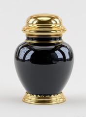 Elegant black vase with lustrous gold accents on the lid and base, reflecting light and showing a sleek, rounded form against a bright background