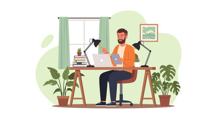 Smiling man working from home, using laptop and tablet. Perfect for website banners, blog posts, or social media.