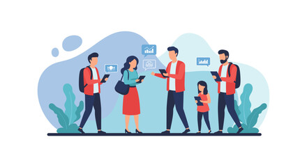 Diverse group of people using tablets and smartphones, ideal for websites, presentations, and marketing materials.