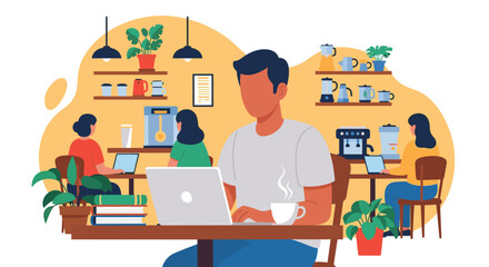 People working on laptops in a modern cafe, ideal for website banners or marketing materials.