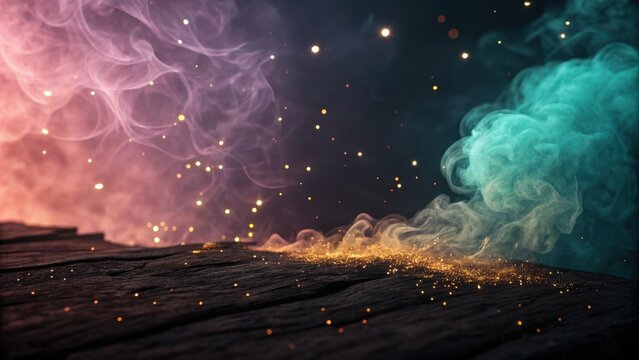 Magical swirling smoke and golden sparks erupting from dark wood surface, creating ethereal atmosphere