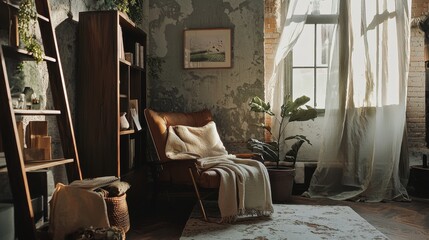 Vintage living room with wooden furniture plants and sunlight cinematic cozy home interior natural light setting