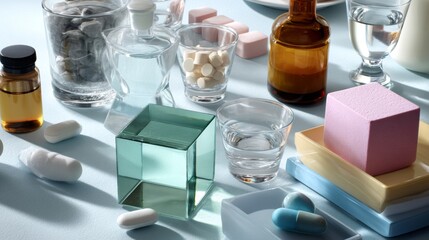 Pharmaceutical containers pills and medical glass bottles organized in clean studio light for healthcare visual concept
