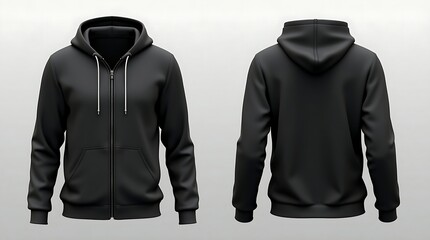 Front and back view of a black hoodie isolated on white background