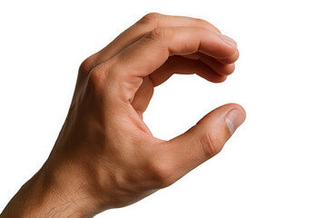 A close-up of a male hand making a gesture, indicating a small size with fingers curved in a circular shape.